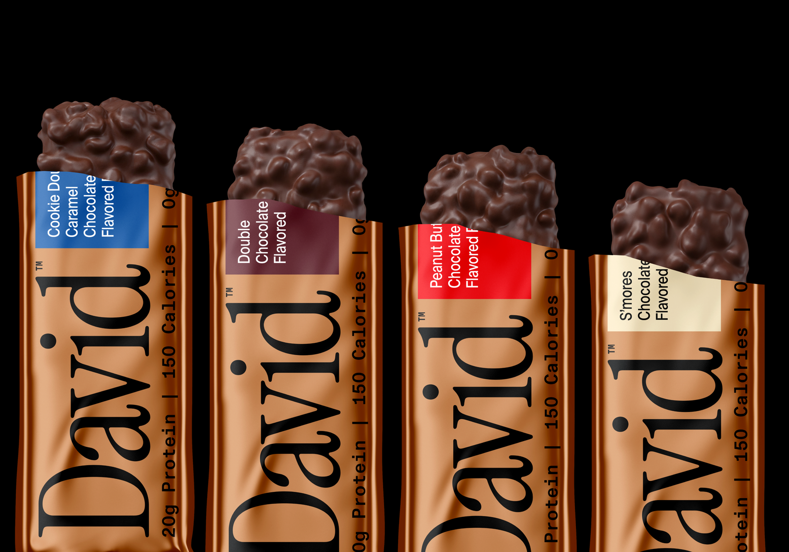Four David Bronze protein bars partially unwrapped with different flavors on a black background