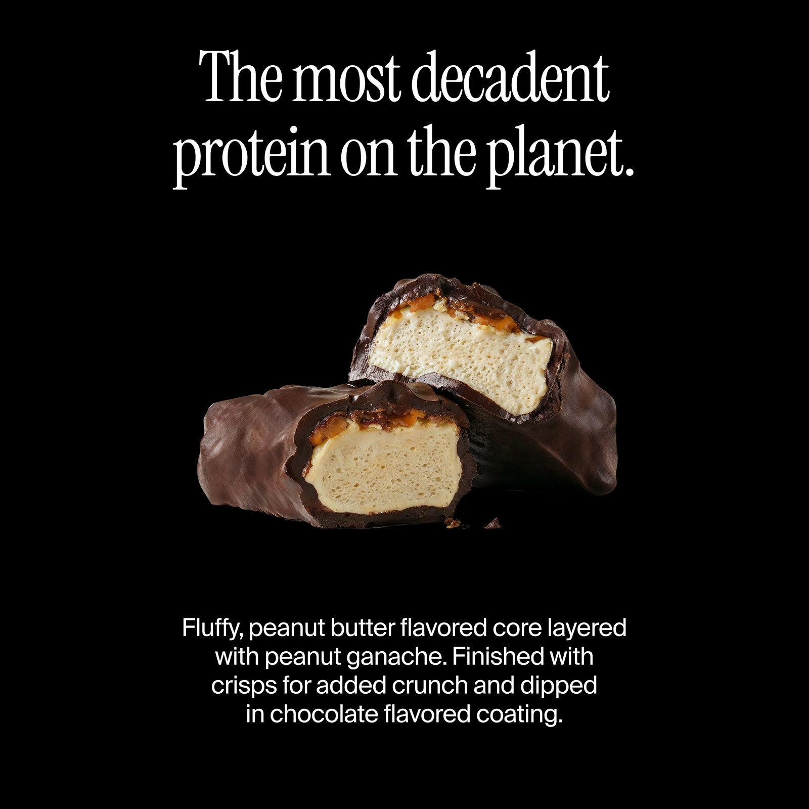 Cross-section of a David peanut butter chocolate flavored protein bar with a flavor description