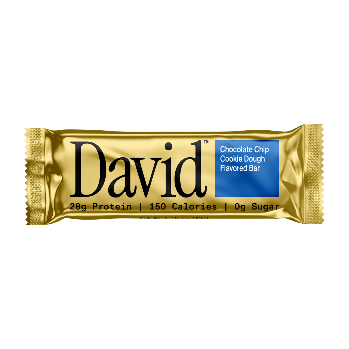 Gold colored Chocolate Chip Cookie Dough flavored David Protein bar