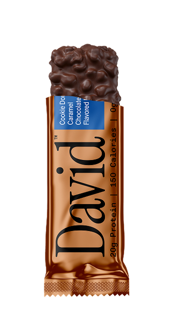 Cookie Dough Caramel Chocolate bar partially open on a transparent background.