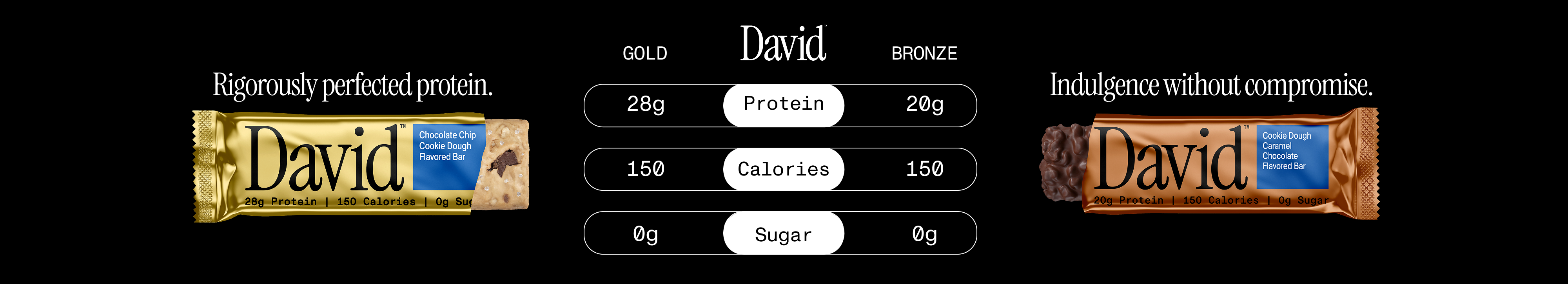 Comparison of David and Bronze bars with 28g vs 20g protein, both 150 calories and 0g sugar